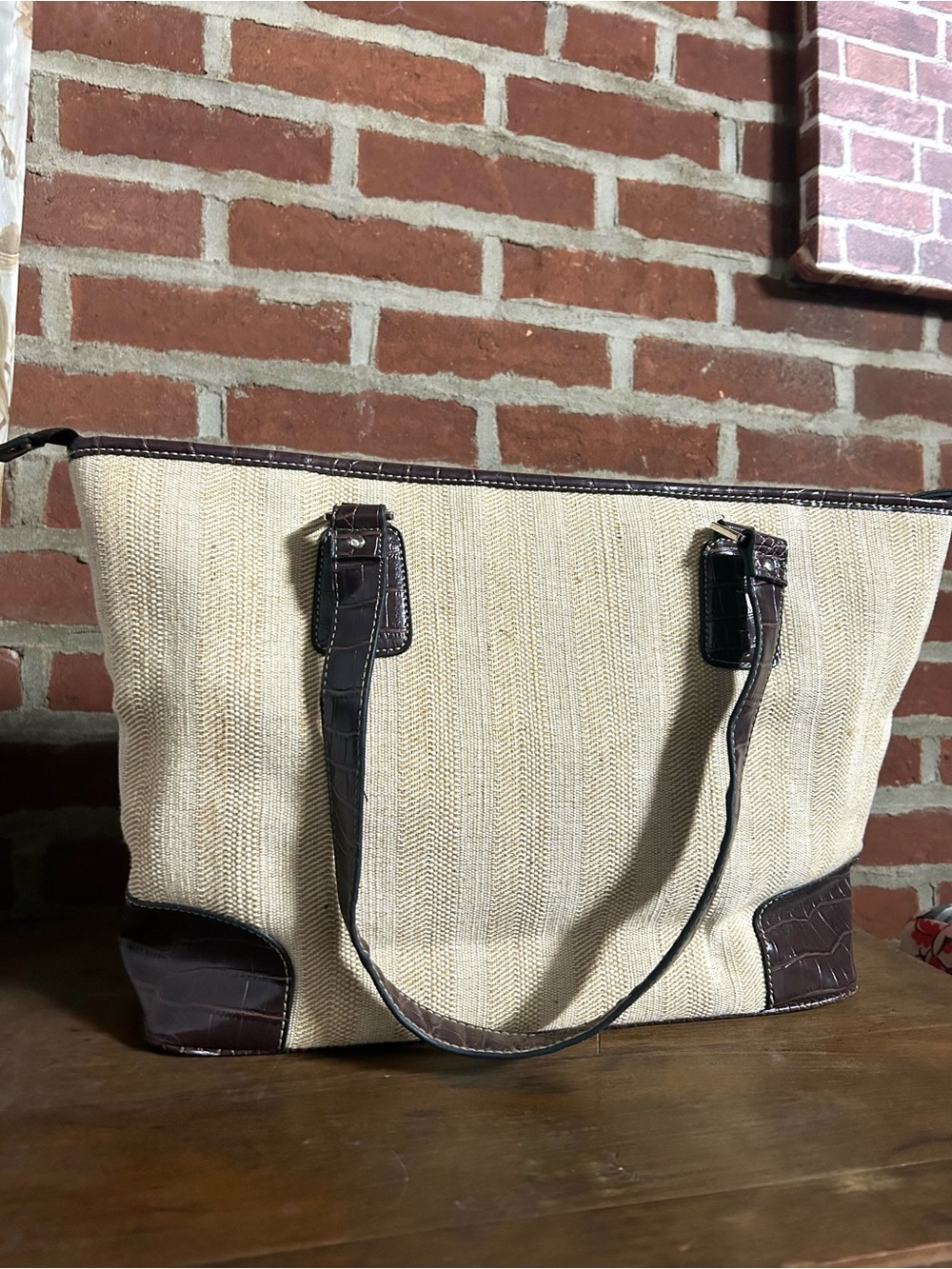 Oversized Shoulder Tote Canvas Bag Faux Croc Leather Brown Beige Beach Bag